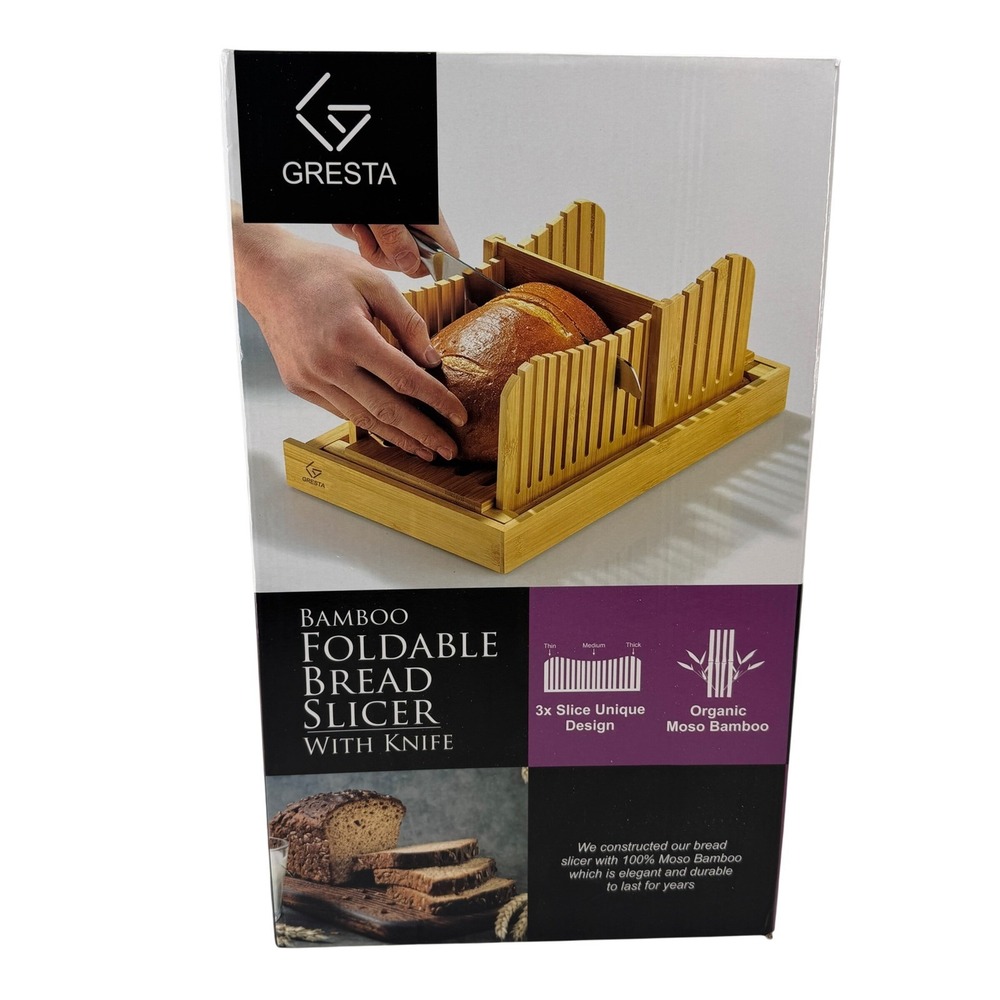 Gresta Bamboo Foldable Bread Slicer with Serrated Knife Organic Moso Wood New